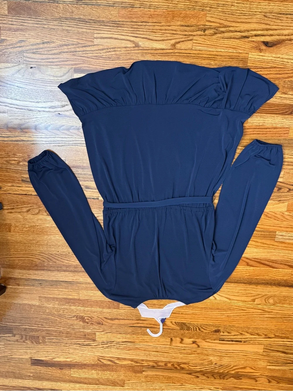 Michael Kors Navy Long-Sleeve Ruffle-Hem Dress with Tie Waist and Gold Accents